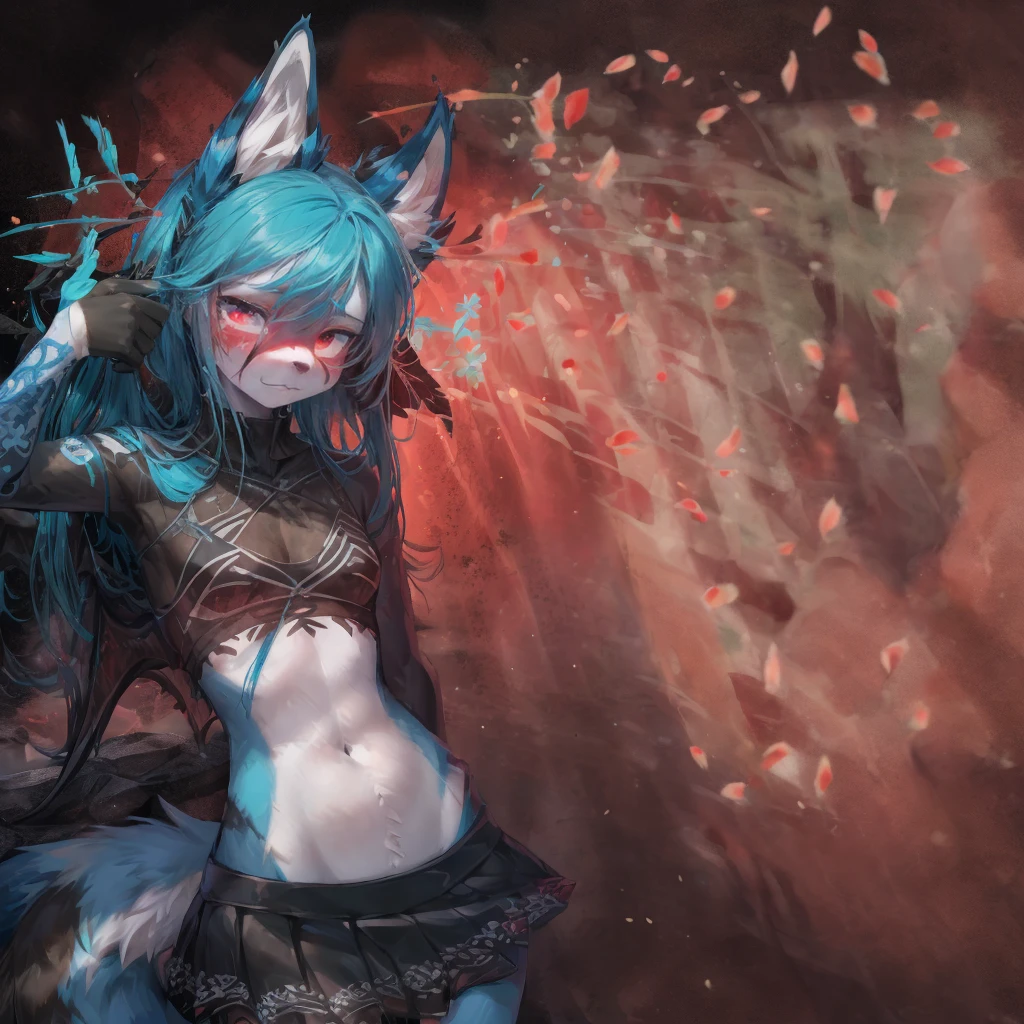 Aqua vixen,fox face elongated snout add high definition_detail:1, blue fur,kitsune ears, tribal tattoo add_detail:1, in hell add_detail, barefoot, The same, giant black feather wings add_detail:1 ,Beautiful wings, the best quality and detail in the feathers, blue saturation light, ( black navel top, black navel mini skirt)), crazy face, suicide sign, sad face, crying, brain explotion, head explotion, deep crying, face of pain and suffering, Blood gushes from the head explosion, he is committing suicide, long hair, cae muerta por un disparo en la cabeza. Lagrimas de sangre