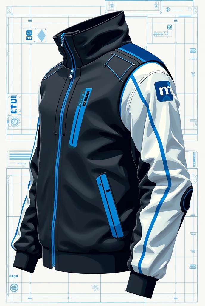 Illustrate a futuristic jacket design with a focus on a flat, technical, and schematic style. The jacket should be predominantly black, with accents of blue and white. Make the right sleeve fully white, incorporating blue line details and the letter 'M' on the shoulder. Show multiple views, including front and back, highlighting the high, structured collar. The design should look like it was taken from a technical blueprint, with precise lines and an emphasis on a clean, organized layout. Avoid realistic textures, focusing on a flat, design-oriented approach