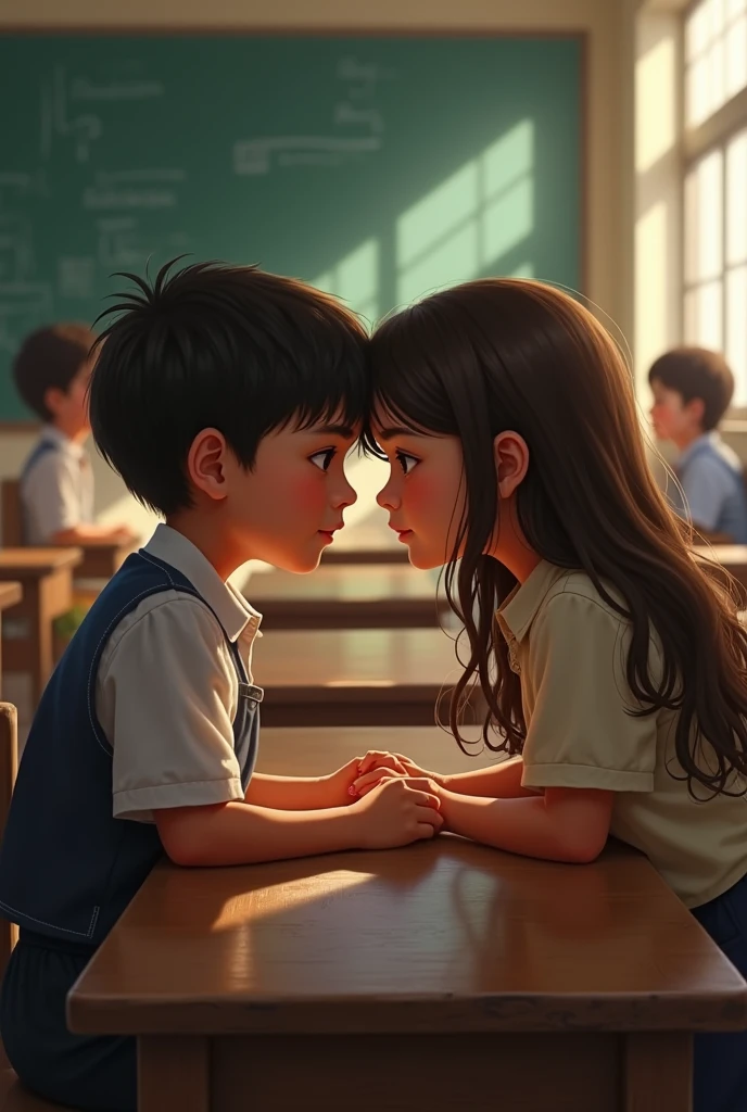 Boy looking in girl eyes from back bench in school