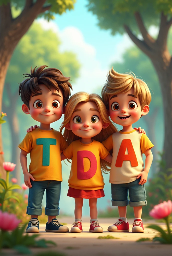 A boy T, a girl D, and a boy A wearing matching letter shirts
