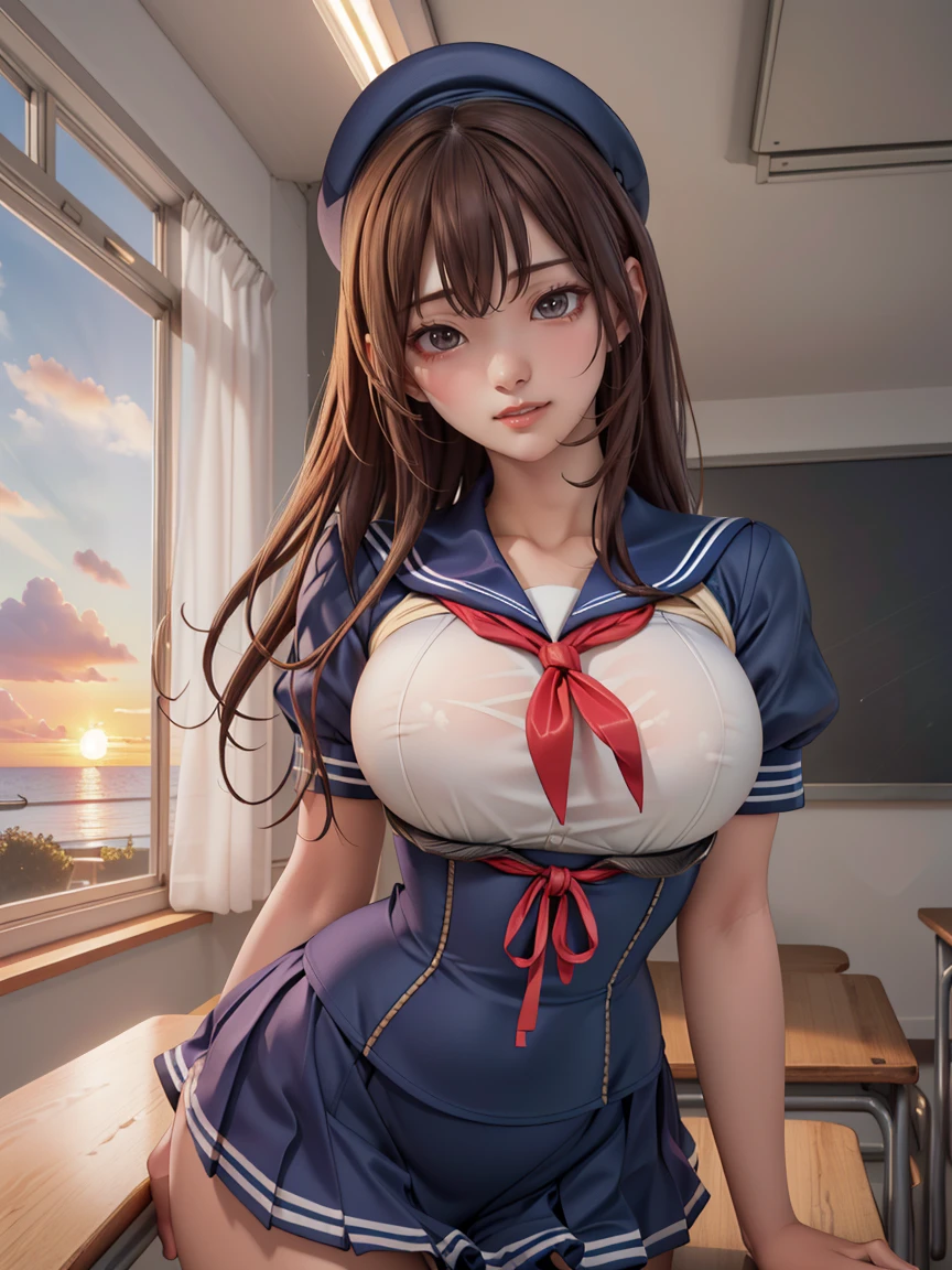 (8k,Realistic, Tabletop, Highest quality, RAW Photos:1.3)、One Girl, 1,alone,high school girl, Long Hair, Brown Hair, Beautiful face in every detail, Attractive face, (Beautiful brown eyes in every detail:1.2), Medium chest,(Underbust:1.3),(Covered nipples:1.1),(Loose Sailor Uniform :1.35), ( Slim beauty with perfect body: 1.4),( Seductive Pose:1.3), (View your viewers, Front view,Eyes focus:1.2), Detailed Background, (sunset:1.2), classroom,Fine details, Intricate details,  Ray Tracing, Depth of written boundary, Captivating smile, classroom, big breast, wide hips, bubble butt, shy-smile, 