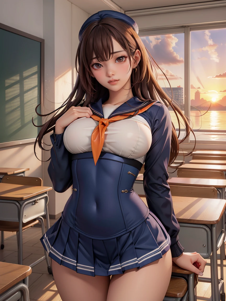 (8k,Realistic, Tabletop, Highest quality, RAW Photos:1.3)、One Girl, 1,alone,high school girl, Long Hair, Brown Hair, Beautiful face in every detail, Attractive face, (Beautiful brown eyes in every detail:1.2), Medium chest,(Underbust:1.3),(Covered nipples:1.1),(Loose Sailor Uniform :1.35), ( Slim beauty with perfect body: 1.4),( Seductive Pose:1.3), (View your viewers, Front view,Eyes focus:1.2), Detailed Background, (sunset:1.2), classroom,Fine details, Intricate details, Ray Tracing, Depth of written boundary, Captivating smile, classroom, big breast, wide hips, bubble butt, shy-smile,