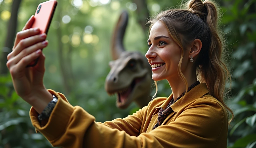 (((young french woman taking a selfie with her iphone-15))), 100.000 years ago, inside the jungle with dinosaurs, High resolution,sharp focus,(ultra detailed,extremely detailed),(((vibrant colors,vibrant theme))),(Intricate),(masterpiece),(Best Quality), (((it's not a painting))), (((realistic photo)))