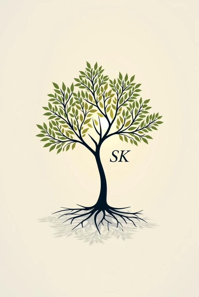 I need a logo that conveys elegance and value and that, when you look at it, you know that it is a psychology professional. I would like you to use the logo or a tree symbolizing the roots and their shadow. You can also add the acronym SKM. It's great. I like it, but I want it to show the roots and the letters are too grotesque. I want them to be simpler. I want something more real, deeper and more shadowy. Now add the symbol of psychology. I want something more delicate. The lettering is so rude. Continue with this tree, but make the tree on a beautiful, sunny day and change the lettering to SK. Add the symbol of psychology or worship to the tree and make this tree represent calm, relief, sophistication, rest, small and delicate. Make the letters more delicate and small. Use two sophisticated colors that draw attention. Make the tree more with the symbol of psychology hidden in the tree. I want it to be on a sunny day and have shade.