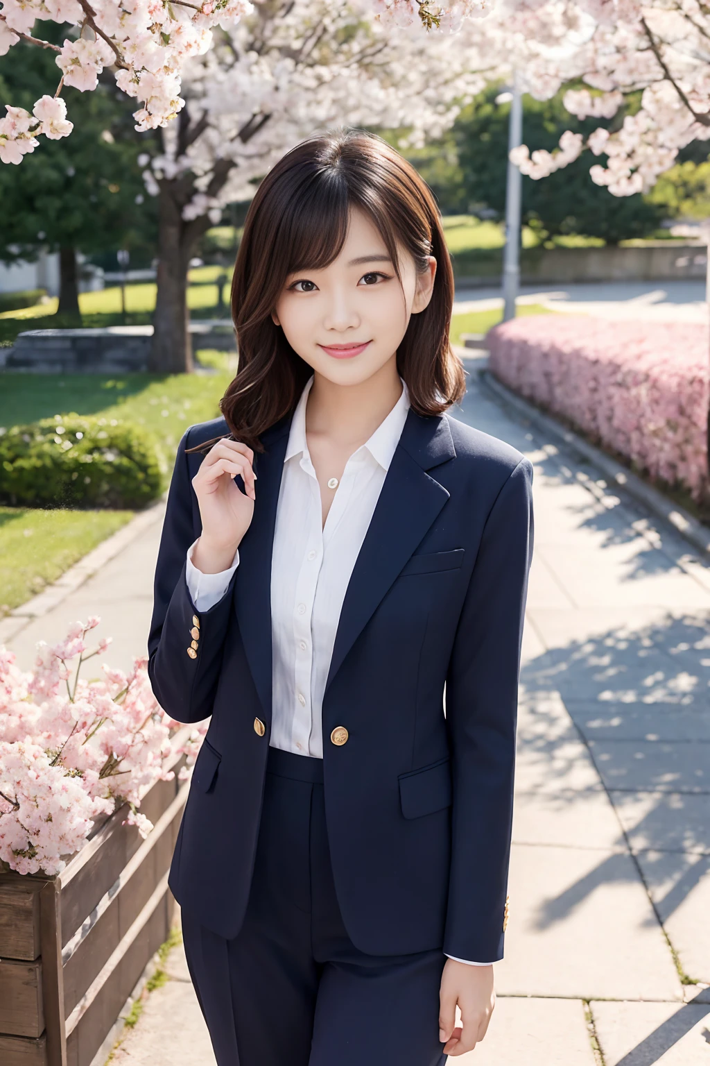 A beautiful Korean woman、A scene of her walking to school in tight school clothes and listening to music。She has a charming smile、Keeping your gaze on us。The hairstyle and hair color are randomly set.、short hair、Long Hair、Long Wavy Hair、Bob Hair、Black Hair、Brown Hair、such as blonde、A wide variety of variations are possible。The background is the morning school route、Cherry blossom tree-lined path、Or set up in front of the school gates、The soft morning light gently embraces her。Wearing tight sailor suits and blazers that accentuate the lines of the body、Details include bows and ties.、Stylish yet clean look。She is enjoying music with stylish headphones.、Her relaxed appearance and seductive smile are in perfect harmony.。Focus on the woman's facial expression and pose、with her alluring smile and captivating eyes, should be depicted.。The overall atmosphere is、Morning Clearance々With、Something that exudes her charm and sexiness。