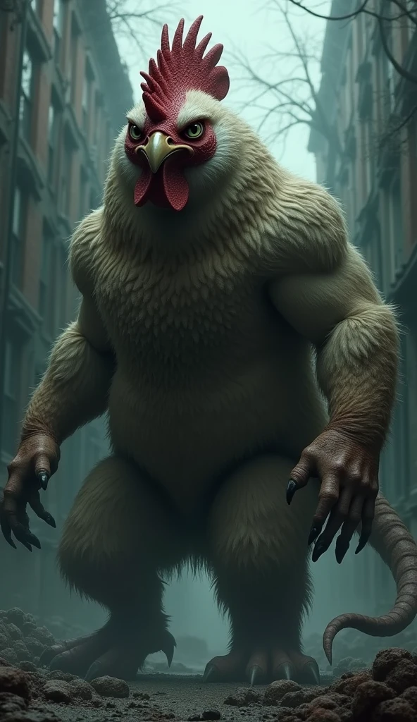 A monster cat  whose head is like a monster hen 