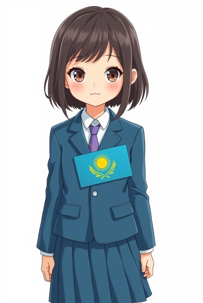 ((officially)) ((masterpiece)) ((Best quality)) ((detailed)) cartoon girl in blue school uniform with emblem flag of kazakhstan on white background in full growth