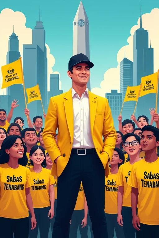 Illustration of the political campaign of the Governor of Jakarta, Indonesia, featuring a dynamic and modern city setting.. The scene features a charismatic and confident male candidate wearing a yellow suit and black cap., wearing a professional suit, standing on stage and speaking in front of many supporters wearing yellow t-shirts with black text on them "SABAS TENABANG",The crowd consisted of people of various ages and ethnicities., holding a yellow flag with the words "SABAS TENABANG". see clearly, The candidate&#39;s expression showed determination and hope., with the backdrop of Jakarta&#39;s iconic landmarks such as the Monas National Monument and skyscrapers. The overall atmosphere is energetic and inspiring., symbolizes progress and unity."