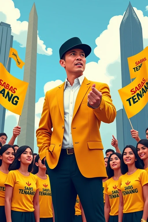 Illustration of the political campaign of the Governor of Jakarta, Indonesia, featuring a dynamic and modern city setting.. The scene features a charismatic and confident male candidate wearing a yellow suit and black cap., wearing a professional suit, standing on stage and speaking in front of many supporters wearing yellow t-shirts with black text on them "SABAS TENABANG",The crowd consisted of people of various ages and ethnicities., holding a yellow flag with the words "SABAS TENABANG". see clearly, The candidate&#39;s expression showed determination and hope., with the backdrop of Jakarta&#39;s iconic landmarks such as the Monas National Monument and skyscrapers. The overall atmosphere is energetic and inspiring., symbolizes progress and unity."