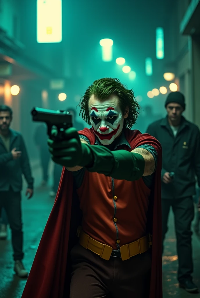 Go to Bing Image Creator, enter a prompt similar to:
Actor Joaquin Phoenix Joker as Robin from Batman filmed by Zack Snyder, Robin suit, fighting against thugs, cape, mask, variant angles, captured with award-winning photography technique, cinematic, dark environment, bokeh, grainy, urban setting, blurry, IMAx, filmed with Kodak portrait 400, 200mm, f2.8, high resolution, teal filter. Apotando a arma na direção da câmera