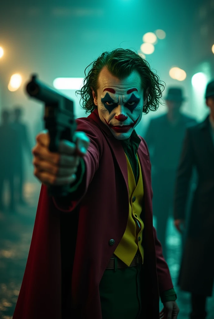 Go to Bing Image Creator, enter a prompt similar to:
Actor Joaquin Phoenix Joker as Robin from Batman filmed by Zack Snyder, Robin suit, fighting against thugs, cape, mask, variant angles, captured with award-winning photography technique, cinematic, dark environment, bokeh, grainy, urban setting, blurry, IMAx, filmed with Kodak portrait 400, 200mm, f2.8, high resolution, teal filter. Apotando a arma na direção da câmera