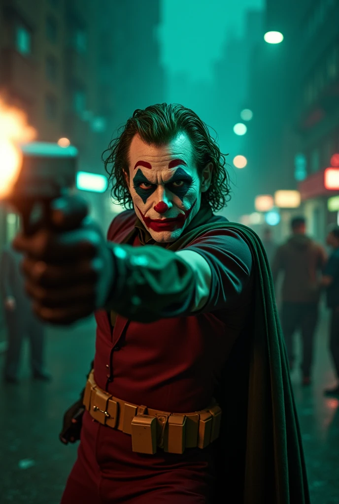 Go to Bing Image Creator, enter a prompt similar to:
Actor Joaquin Phoenix Joker as Robin from Batman filmed by Zack Snyder, Robin suit, fighting against thugs, cape, mask, variant angles, captured with award-winning photography technique, cinematic, dark environment, bokeh, grainy, urban setting, blurry, IMAx, filmed with Kodak portrait 400, 200mm, f2.8, high resolution, teal filter. Apotando a arma na direção da câmera