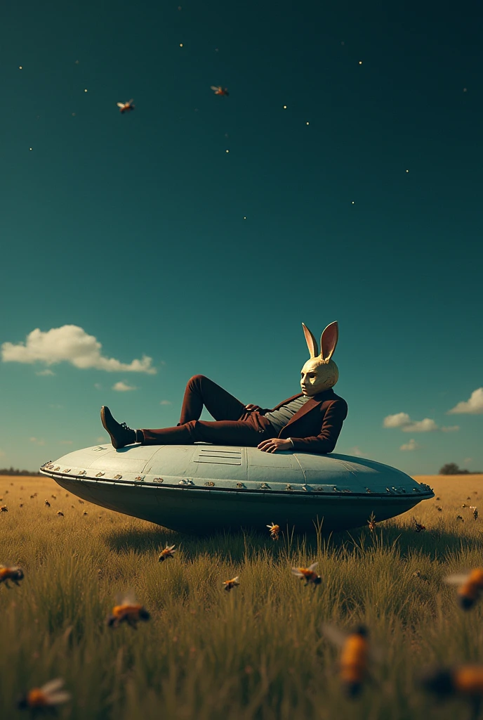 one with a rabbit mask lying on a UFO that just crashed in an open field, It&#39;s full of bees and stars in the sky