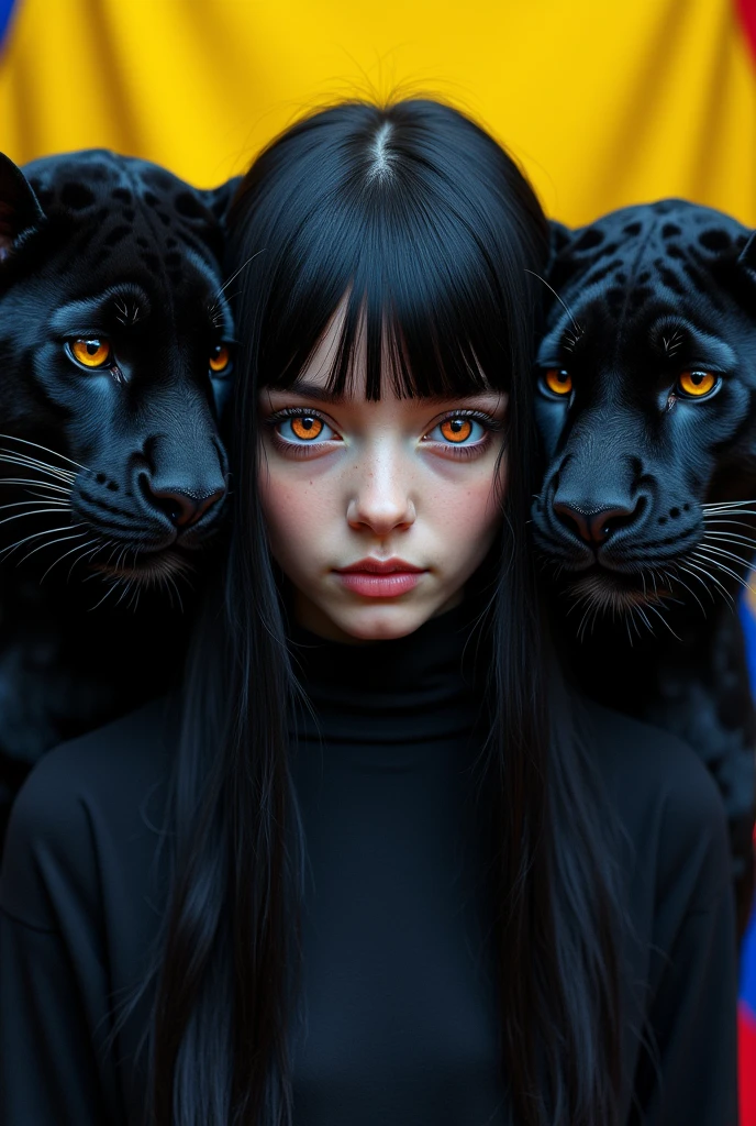 A girl with long straight black hair and thousand-colored eyes with black panthers on each side of the girl and the background of the image that is the flag of the country Colombia and that looks complete