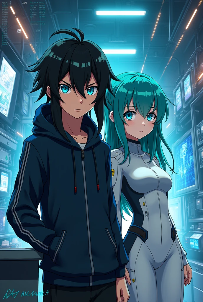 Generate me a anime 1 boy with long black hair and a little glowing blue eyes with a hoodie in with his assistant cyber girl with green-blue hair and wearing white cyberpunk suit and a working type background in cyberpunk anime art style 