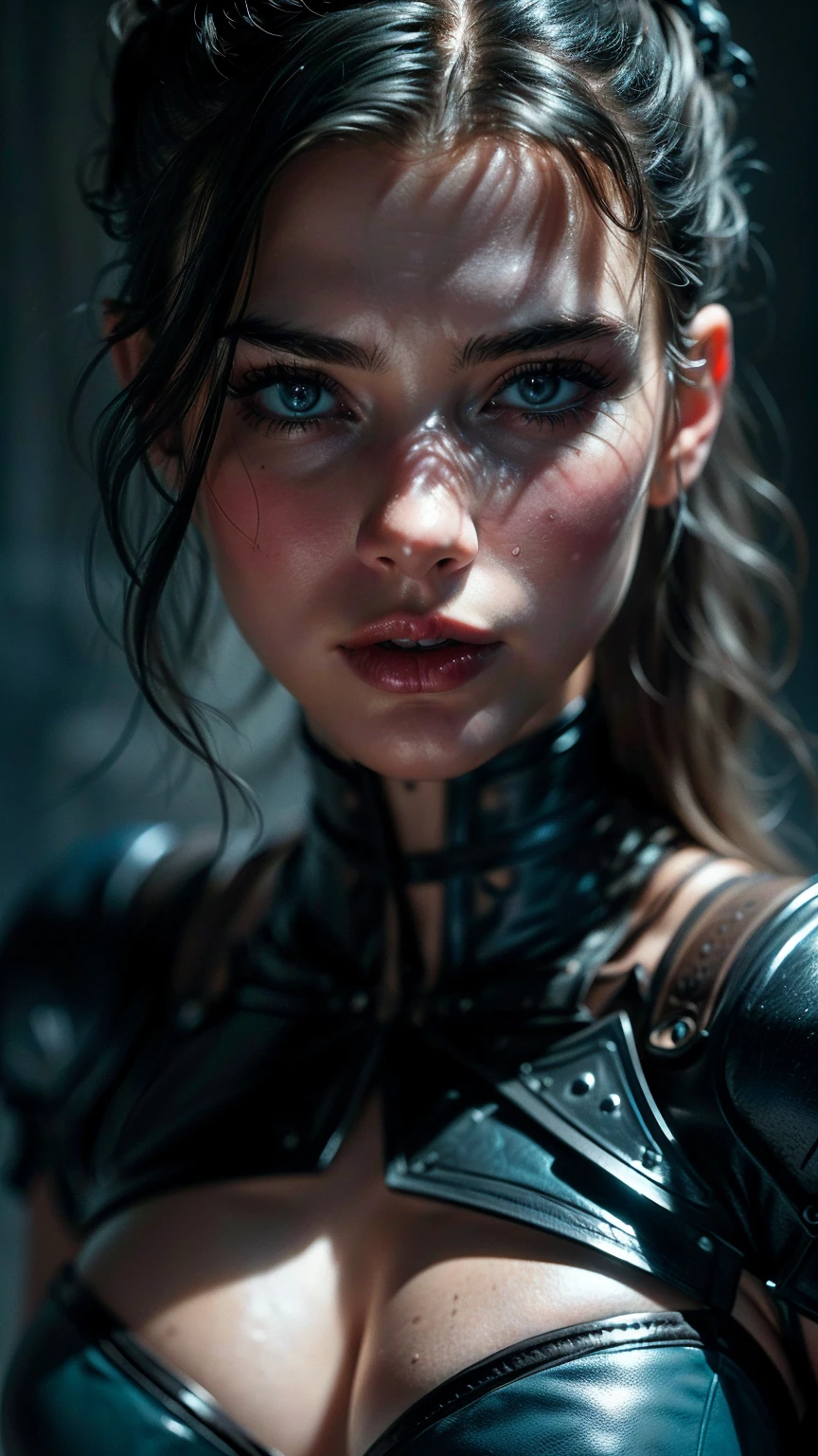 (((ultra realistic))) Photo, masterpiece, top quality, (pale skin), (Ultra detailed face and eyes:1.2), Bright eyes, 1 girl, (blue leather corset), gloomy atmosphere, ((fantasy background)), (Eye makeup, mascara) , ((Dark wavy hair)) , ((Stylish hairstyle)) , (Natural breasts), (A slight smile), ((Posing)), photoshoot, studio (Contour lighting), (The play of light and shadows), depth of field, bokeh, (special attention to skin detail: 1.2), Detailed leather texture, skin pores, (( color scheme - black, Gray, Ashen, blue tones)), ((Film grain)), ((rays)) , ((full body portrait, midway to the camera)) , ultra detailed,