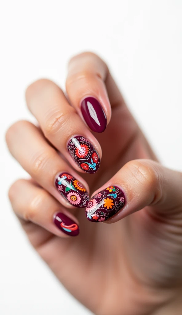 Create a Talavera style nail design in wine colors in an almond shape with a white background with realistic fingers
