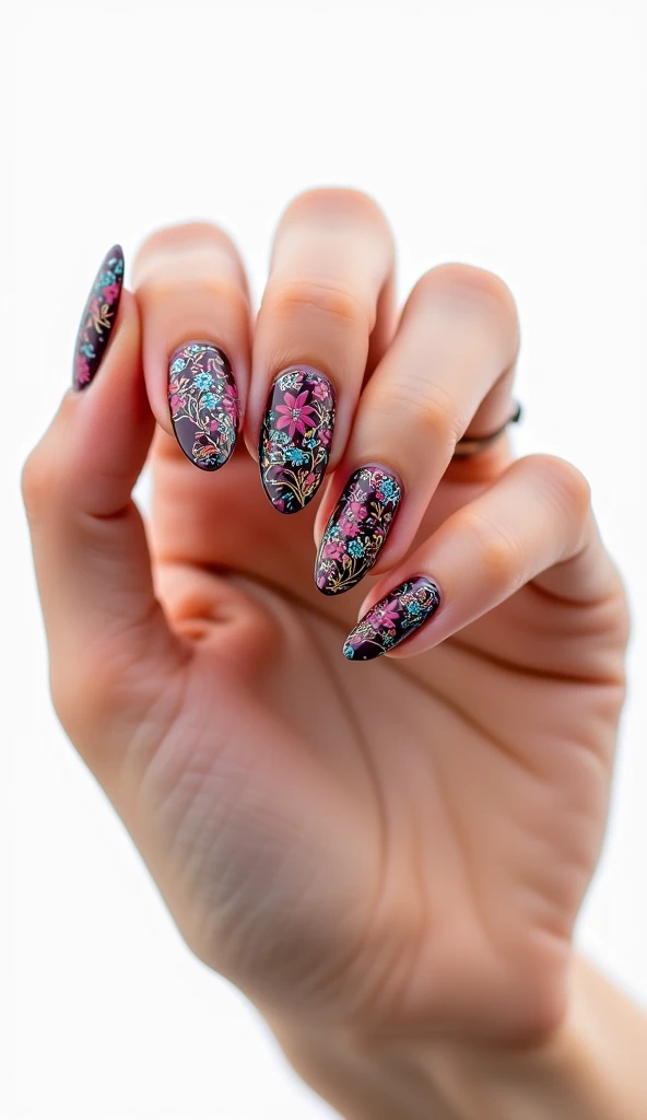 Create a Talavera style nail design in wine colors in an almond shape with a white background with realistic fingers