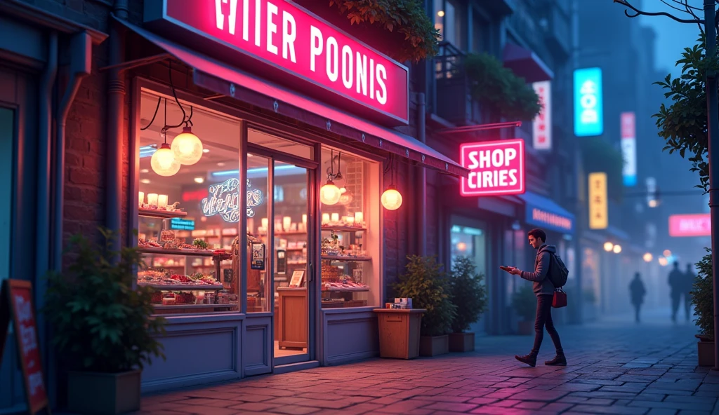Street shop neon lights at the door close-up animation wind no people