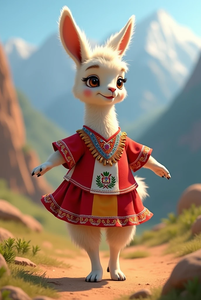 Peruvian vicuña in animation dancing with Peruvian flag clothing