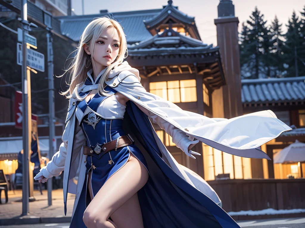 South korea sassin's creed walk women mystery hooded on with modern royal Blue coat with long and wide sleeves with but and royal Blue cape and very high white heel over the knee and white gloves, As she reveals a small secret hidden blade coming from his wrist , adding to the characters mysterious, with small movements of air on the cape, in summer at night under the rain, with buildings featuring curved eaves and detailed architecture. sophisticated and highly detailed, ultra hd, realistic, hyper detailed, enhanced colours, ultra sharp focus, with vibrant, rich in details High quality, gorgeous, captivating, 8k, super detailed, stunning shadows, detailed lines, blood stain on coat and gloves and walls, slit a person's throat
