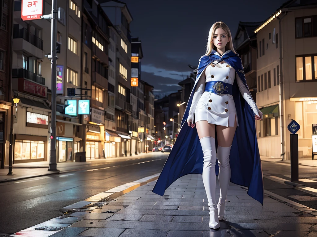 South korea asssassin's creed walk women mystery hooded on with modern royal Blue coat with long and wide sleeves with buttons and royal Blue cape and very high white heel over the knee and white gloves, As she reveals a small secret hidden blade coming from his wrist , adding to the characters mysterious, with small movements of air on the cape, in summer at night under the rain, with buildings featuring curved eaves and detailed architecture. sophisticated and highly detailed, ultra hd, realistic, hyper detailed, enhanced colours, ultra sharp focus, with vibrant, rich in details High quality, gorgeous, captivating, 8k, super detailed, stunning shadows, detailed lines, blood stain on coat and gloves and walls, slit a person's throat