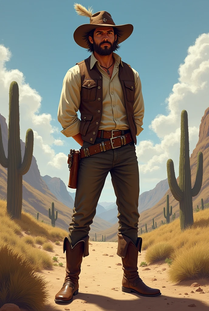 He has combed brown hair and a slightly unkempt beard. His eyes are brown. Use John Marston from Red Dead Redemption as a reference, with a vest and rolled up sleeves. He wears a hat with a feather. He has both hands behind his back in a soldier pose. He is American, with a strong sense of brotherhood, and wears regular pants and boots with spurs. I would like the art to be in a fantasy RPG style, set in the Old West.