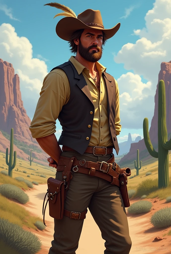 He has combed brown hair and a slightly unkempt beard. His eyes are brown. Use John Marston from Red Dead Redemption as a reference, with a vest and rolled up sleeves. He wears a hat with a feather. He has both hands behind his back in a soldier pose. He is American, with a strong sense of brotherhood, and wears regular pants and boots with spurs. I would like the art to be in a fantasy RPG style, set in the Old West.