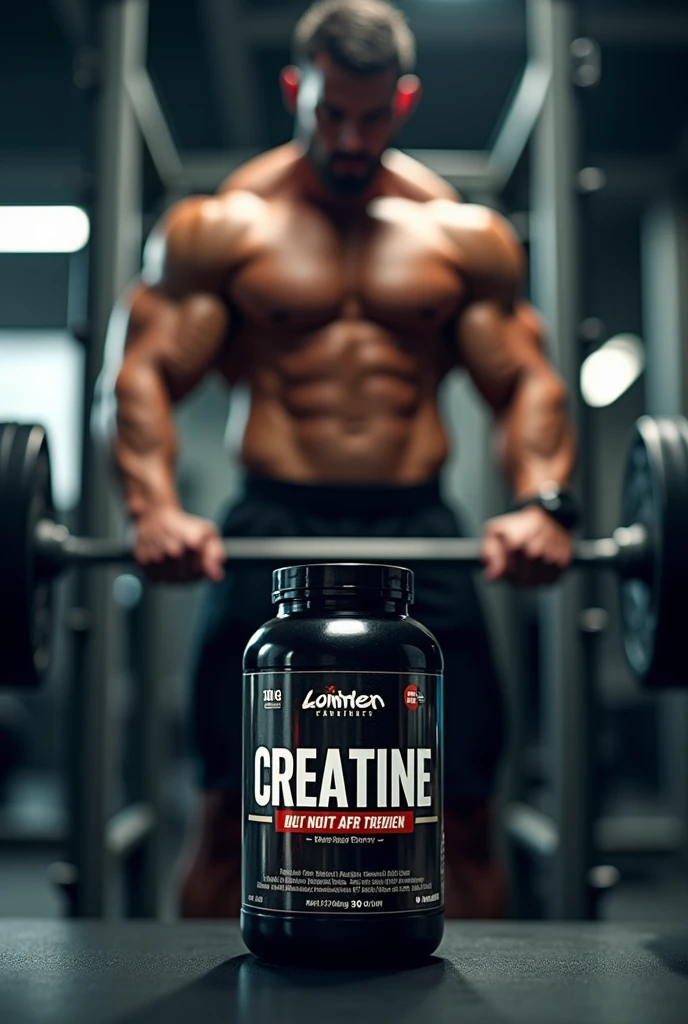 300 gram creatine jar on top of bodybuilding equipment with a strong man behind on equipment with blurred image