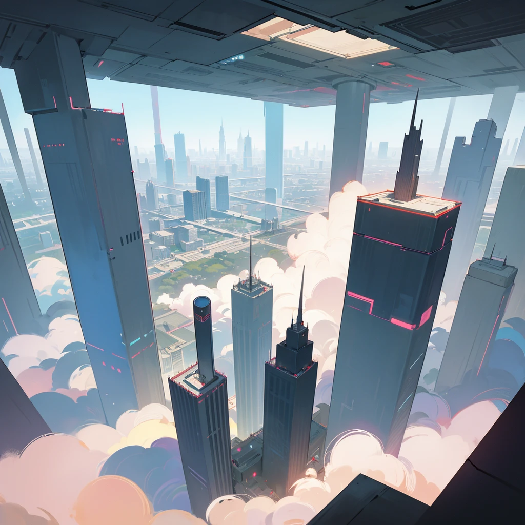 View of a landscape of a mega metropolis city with a futuristic retro future style with large buildings and large skyscrapers of sizes of 900 meters high that the buildings have all kinds of shapes and geometric shapes and not only rectangular shapes but all kinds of shapes that the buildings are made of dark black metal and that the city is super technologically advanced that the city has streets and some small buildings to fill that it has a dystopia style and that there is fog and that the architecture of the city is that it has all kinds of shapes