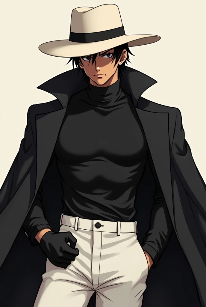 anime styling, black turtleneck long sleeve shirt, a white straw hat, White pants, black fists, a black coat like a cape, brown skin color, naughty man