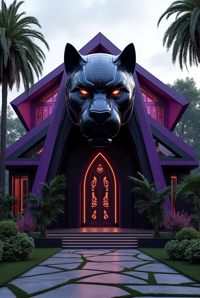 A villa for black panther .the colour of the house is the combinations of black and purple.The head of the black panther is placed in front side .