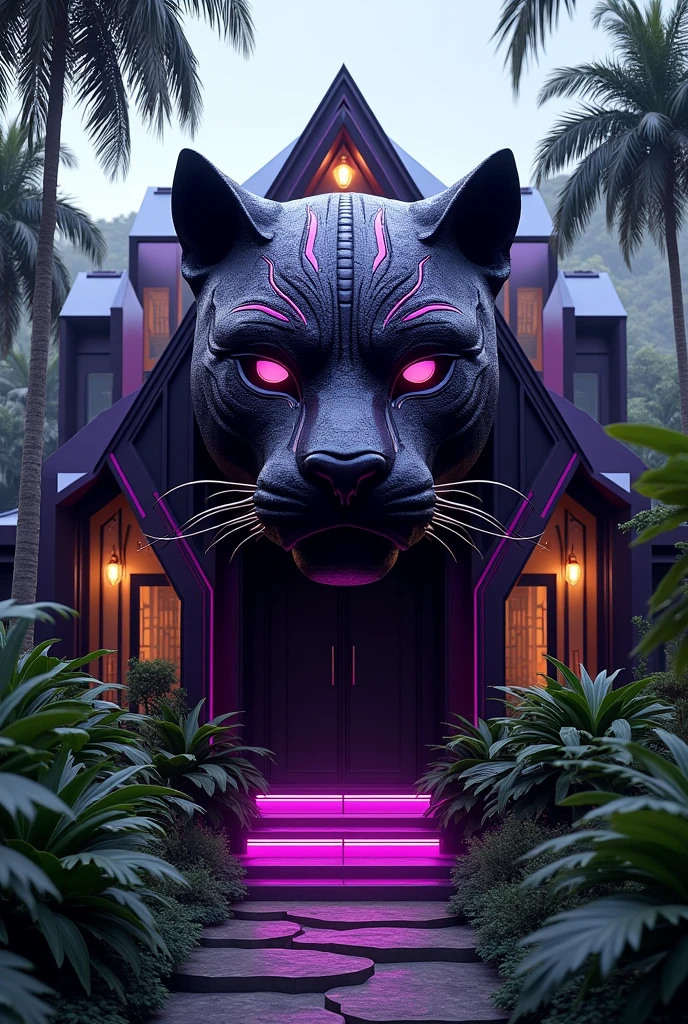 A villa for black panther .the colour of the house is the combinations of black and purple.The head of the black panther is placed in front side .