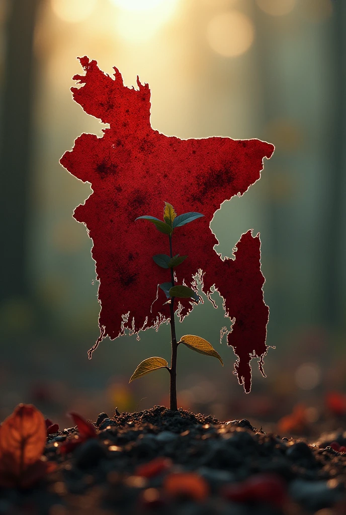 From the right side, the bloody map of Bangladesh is covered with blood on a tree sapling, and on the left, sunlight is falling on the sapling.