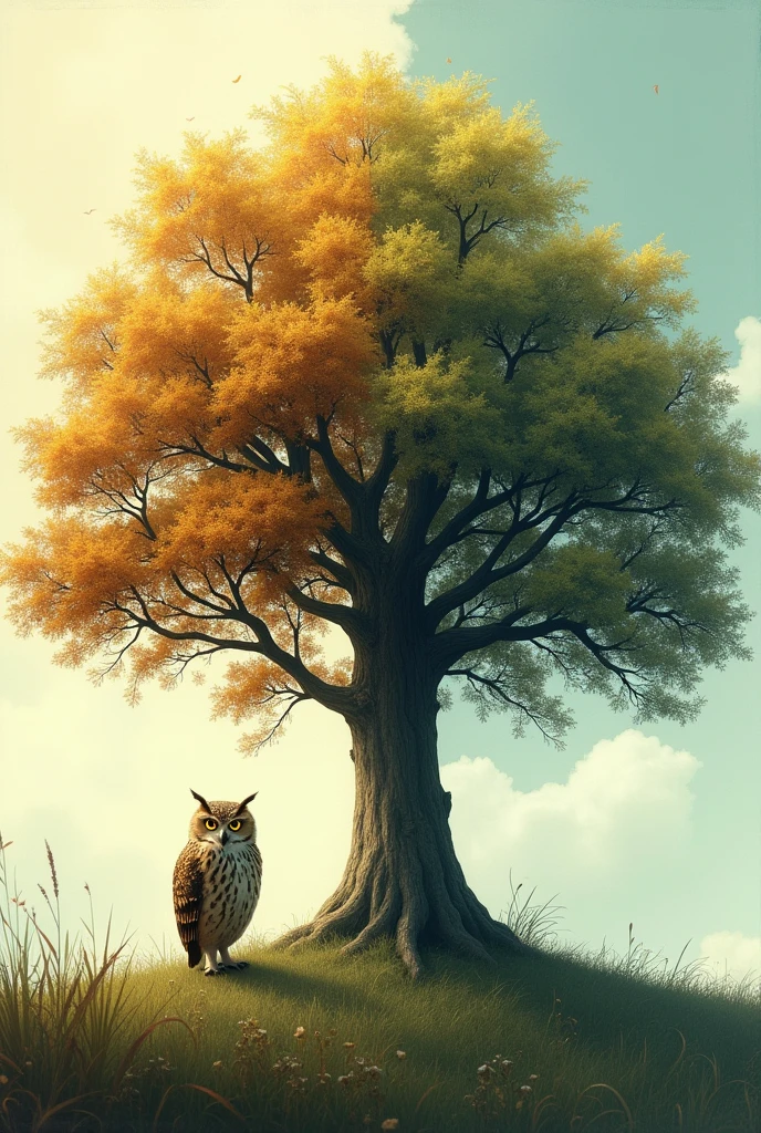 The Passage of Time: A sequence showing the oak tree through different seasons, reflecting the owl’s growing wisdom as time progresses.