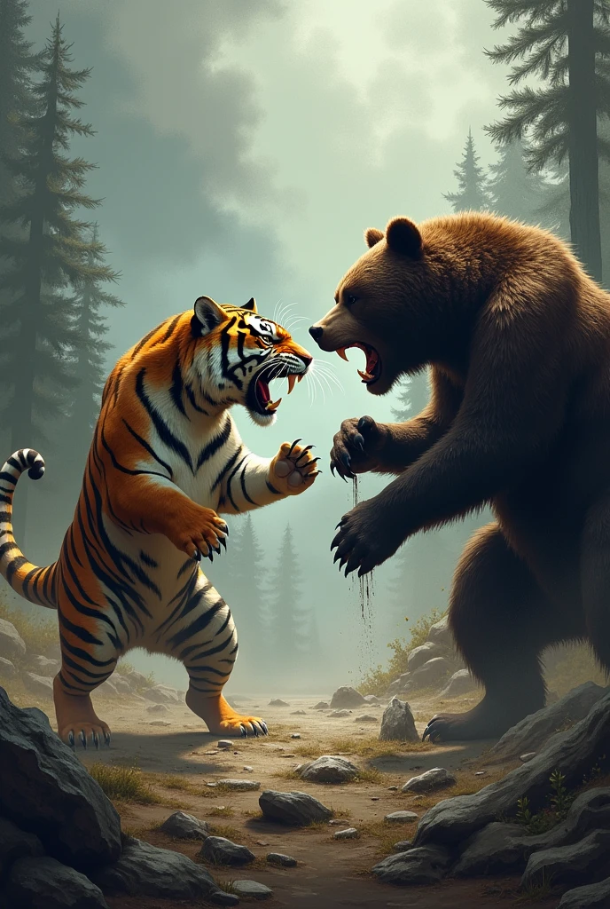 Make a combo pic of tiger plus bear in extreme angry mood