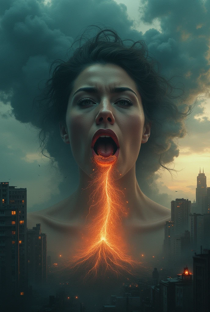 A hyper-realistic portrait of a beautiful woman whose mouth appears to be spitting out a storm that is causing a catastrophe, intricate details, photorealistic, detailed eyes and lips, intense dramatic expression, ominous storm clouds, dramatic lighting, cinematic composition, vibrant colors, dark moody atmosphere, masterpiece, de cuerpo completo y de fondo se ve como los edificios se van destruyendo