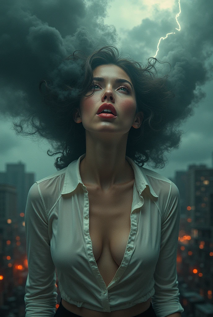 A hyper-realistic portrait of a beautiful woman whose mouth appears to be spitting out a storm that is causing a catastrophe, intricate details, photorealistic, detailed eyes and lips, intense dramatic expression, ominous storm clouds, dramatic lighting, cinematic composition, vibrant colors, dark moody atmosphere, masterpiece, de cuerpo completo y de fondo se ve como los edificios se van destruyendo