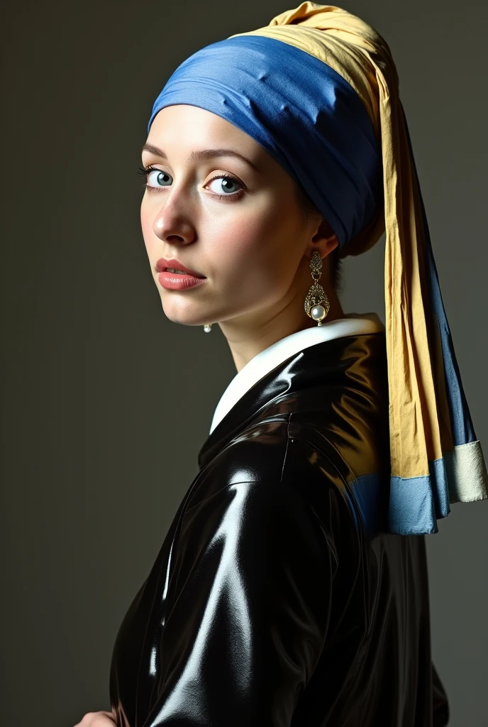 Creer de facon realiste le tableau de Johannes Vermeer qui est la jeune fille à la perle de Johannes Vermeer. Elle est habillée de la meme facon que le tableau original. Son habit est en matiere latex pvc vinyle brillant et sa coiffe sur la tete est en matiere  latex vinyle pvc brillant