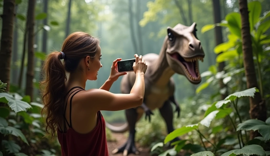 (((young french woman taking a selfie with her iphone-15))), 100.000 years ago, inside the jungle with dinosaurs,  High resolution,sharp focus,(ultra detailed,extremely detailed),(((vibrant colors,vibrant theme))),(Intricate),(masterpiece),(Best Quality), (((it&#39;s not a painting))), (((realistic photo)))