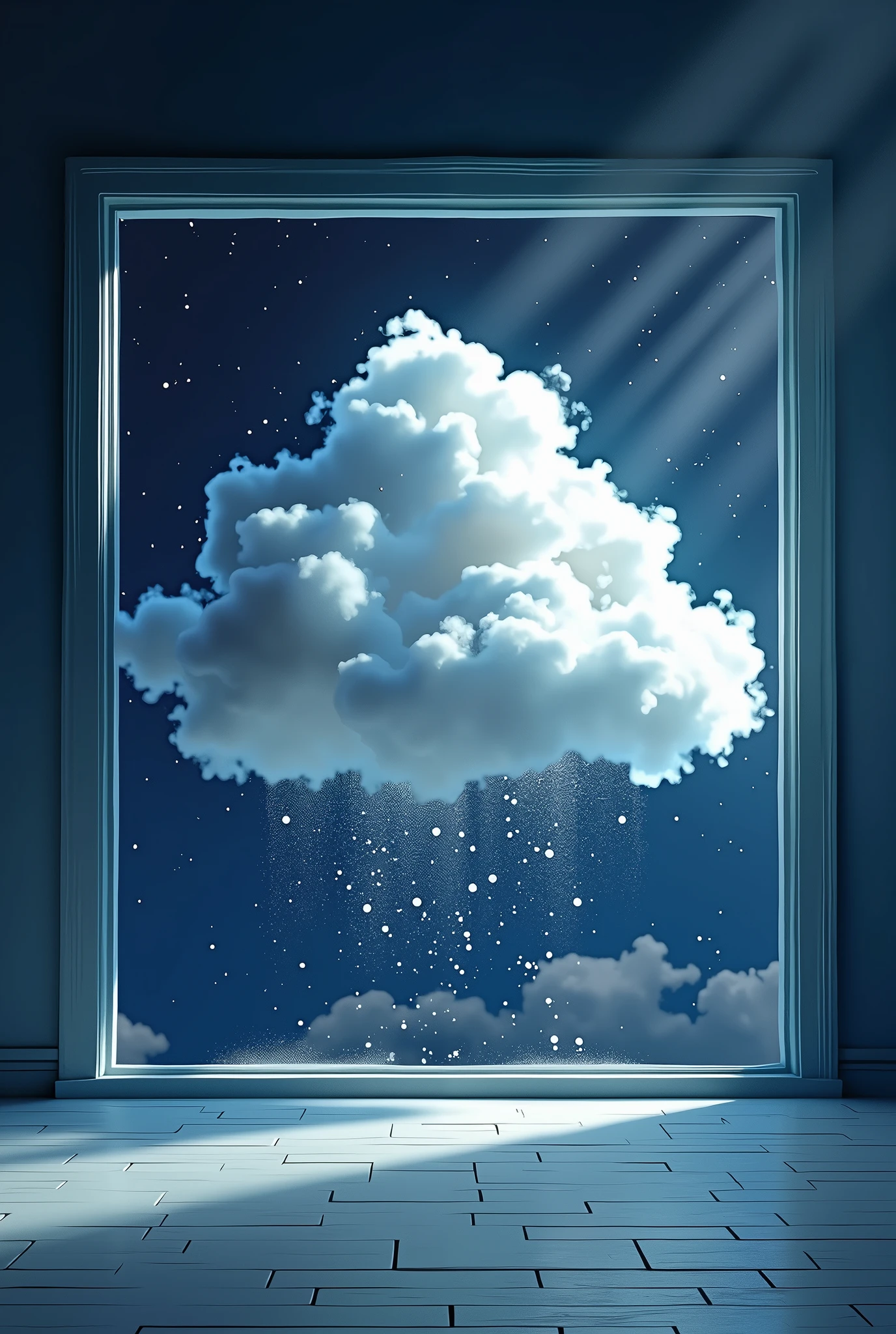Professional digital art. Gentle Cloud. oil.Style Arkhip Ivanovich Kuindzhi. white fluffy soft volumetric realistic cloud hanging in the air inside dark blue empty room with open window.Snow falls from a cloud. Inside the room. Outside the window there is space, Universe, stars.