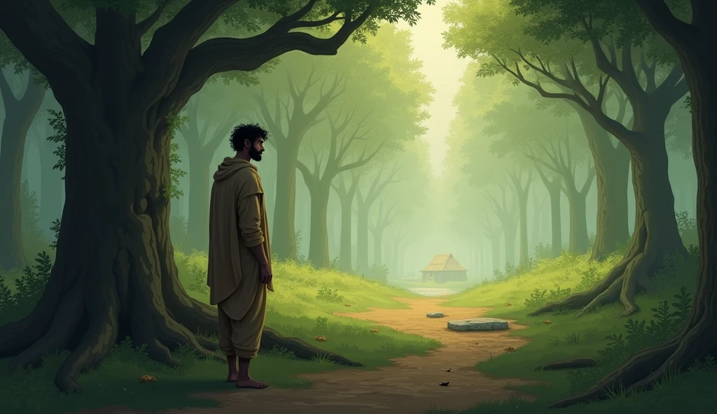 greedy man named Somesh, wearing plain clothes now alone in the forest, surrounded by nothing but emptiness where the tree once stood. His expression is filled with regret and sorrow as he stares at the empty ground. The forest around him is quiet and still, with a soft light shining down, symbolizing the lesson he learned. In the distance, the village can be seen, reminding him of the simplicity and peace he once ignored."