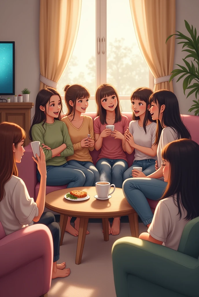 Create image of 7 girls gossiping with friends  lying on sofa and bed and having hot tea at home with Tv on in 16:9 size