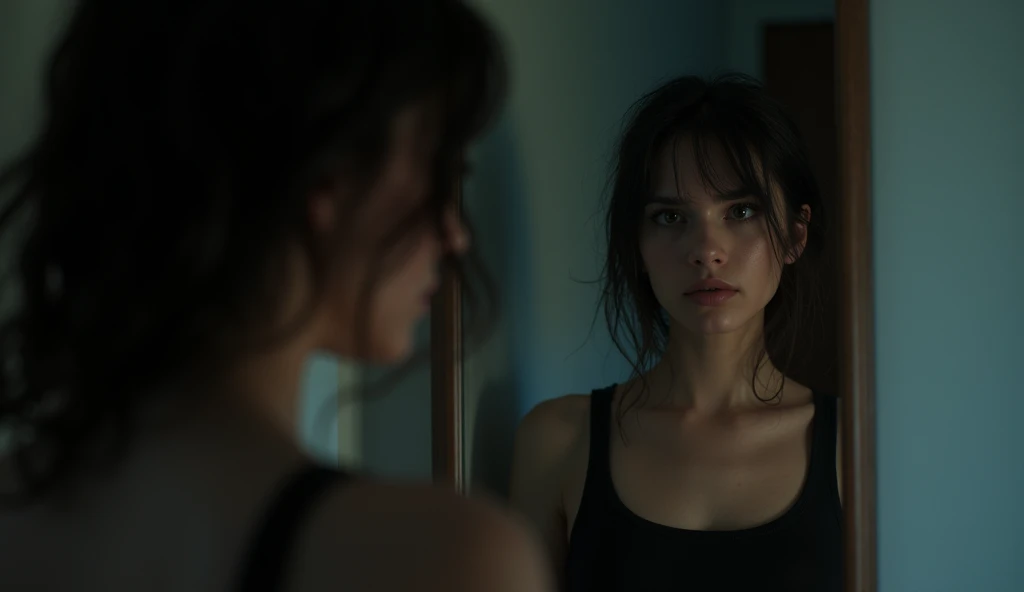 (masterpiece, best quality:1.2), (woman standing in front of a mirror:1.3), (intense gaze, self-reflection:1.3), (shadow of another person in the mirror:1.2), (woman not looking away:1.3), (dramatic lighting, high contrast:1.2), (soft reflections, subtle details:1.2), (8K, ultra-detailed, hyper-detailed, RAW photo quality, Unreal Engine rendering:1.3)