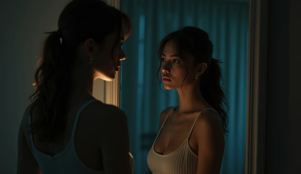 (masterpiece, best quality:1.2), (woman standing in front of a mirror:1.3), (intense gaze, self-reflection:1.3), (shadow of another person in the mirror:1.2), (woman not looking away:1.3), (dramatic lighting, high contrast:1.2), (soft reflections, subtle details:1.2), (8K, ultra-detailed, hyper-detailed, RAW photo quality, Unreal Engine rendering:1.3)