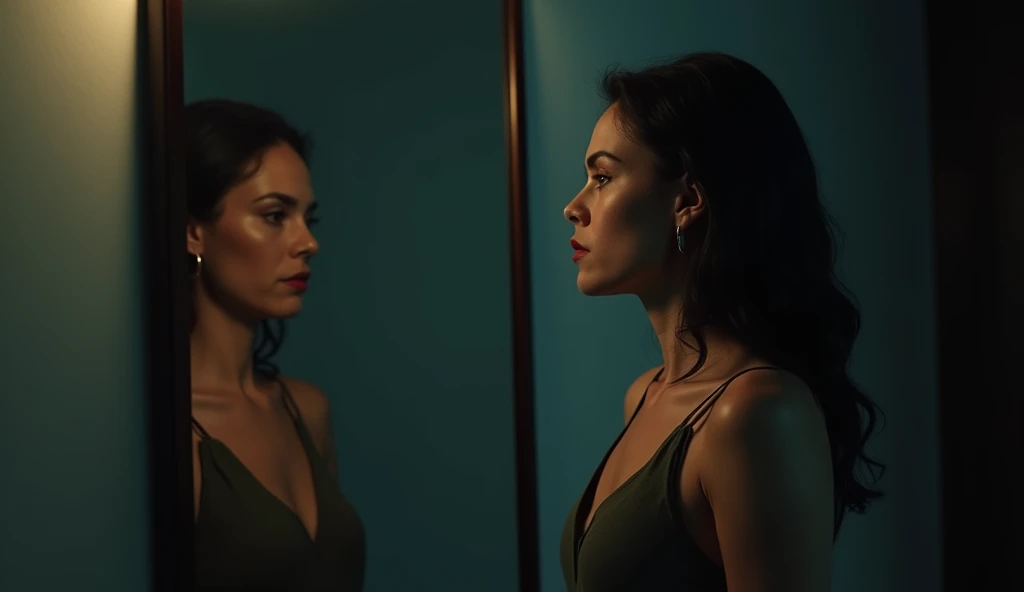 (masterpiece, best quality:1.2), (woman standing in front of a mirror:1.3), (intense gaze, self-reflection:1.3), (shadow of another person in the mirror:1.2), (woman not looking away:1.3), (dramatic lighting, high contrast:1.2), (soft reflections, subtle details:1.2), (8K, ultra-detailed, hyper-detailed, RAW photo quality, Unreal Engine rendering:1.3)