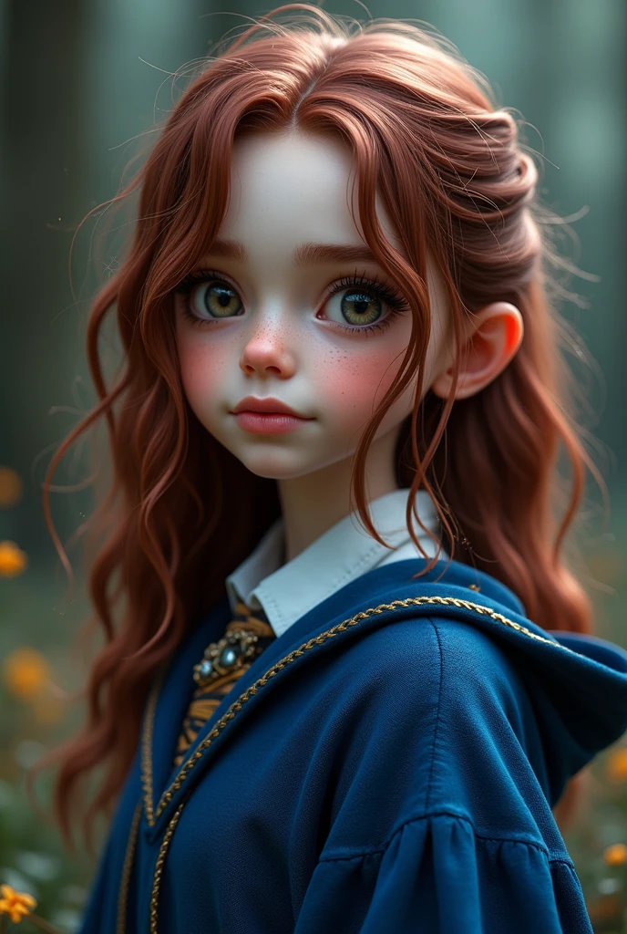 Create a character for a Harry Potter RPG that I participate in with the following characteristics: Hermione Granger inspired girl with medium length dark magenta reddish brown hair; with eyes that vary between green, gray and light brown; fair skin and blue Ravenclaw witch robes.