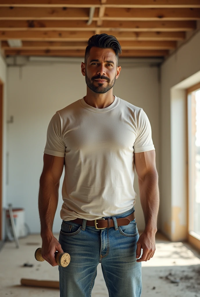 create an image of a 40-year-old man, dark skin, greenish eyes, short dark hair, wearing jeans and a construction worker-style t-shirt, no overalls, holding a tool, in a naturally lit room in a house under renovation, with an unfinished plasterboard drop ceiling, in the style of an advertising painting, photo from a distance, allowing a wide view of the room, slight smile, facial hair, smiley, asymmetrical hair, big hair, slicked back hair, slight smile, facial hair, smiley, asymmetrical hair, big hair, slicked back hair, high detail, high detail, high quality, high detail, high detail, high quality