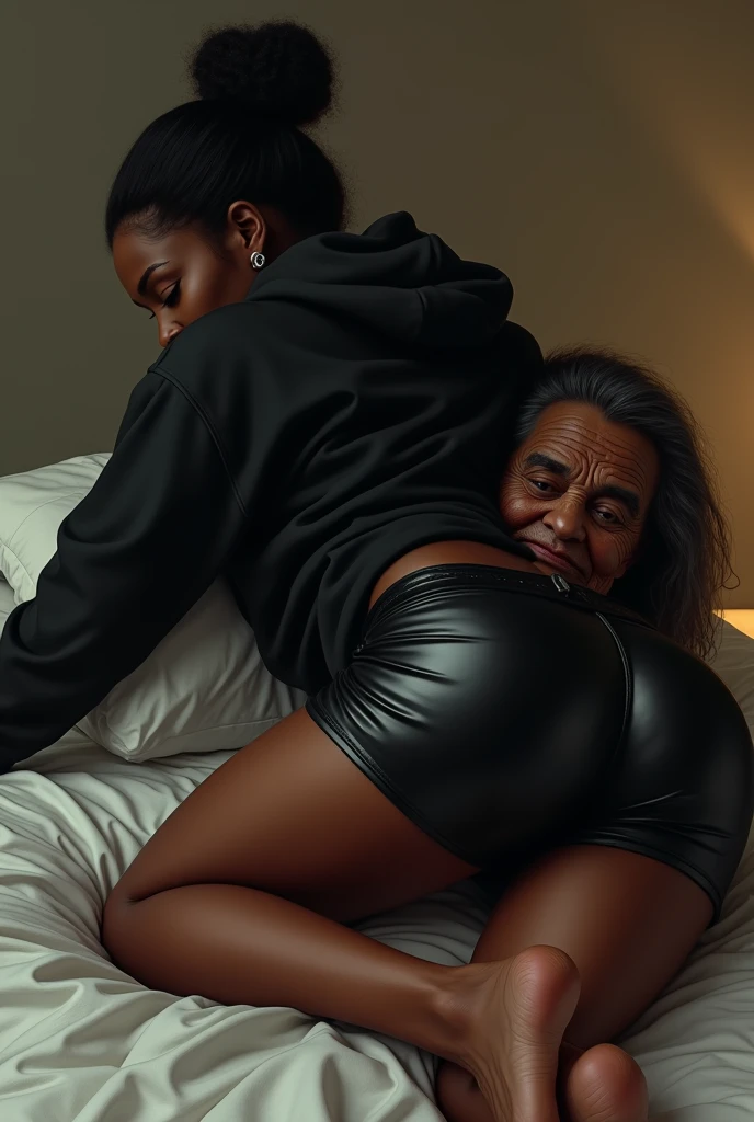 black woman hair in a bun black hoodie black leather short shorts laying on her belly in the bed ugly old woman with her face in between her but cheeks