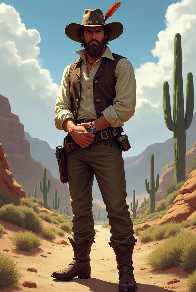 He has combed brown hair and a slightly unkempt beard. His eyes are brown. Use John Marston from Red Dead Redemption as a reference, with a vest and rolled up sleeves. He wears a hat with a feather. He has both hands behind his back in a soldier pose. He is American, with a strong sense of brotherhood, and wears regular pants and boots with spurs. I would like the art to be in a fantasy RPG style, set in the Old West.